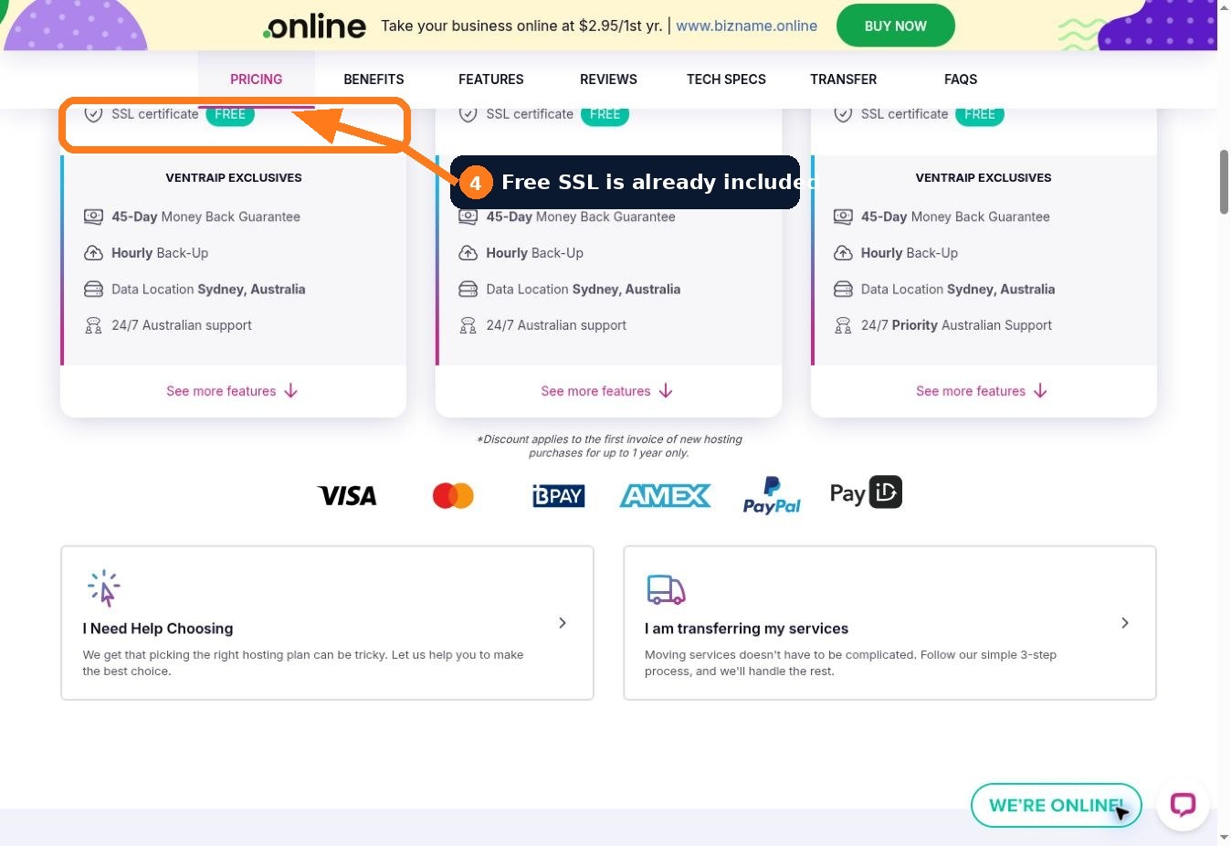 Entry hosting features showing a free SSL certificate