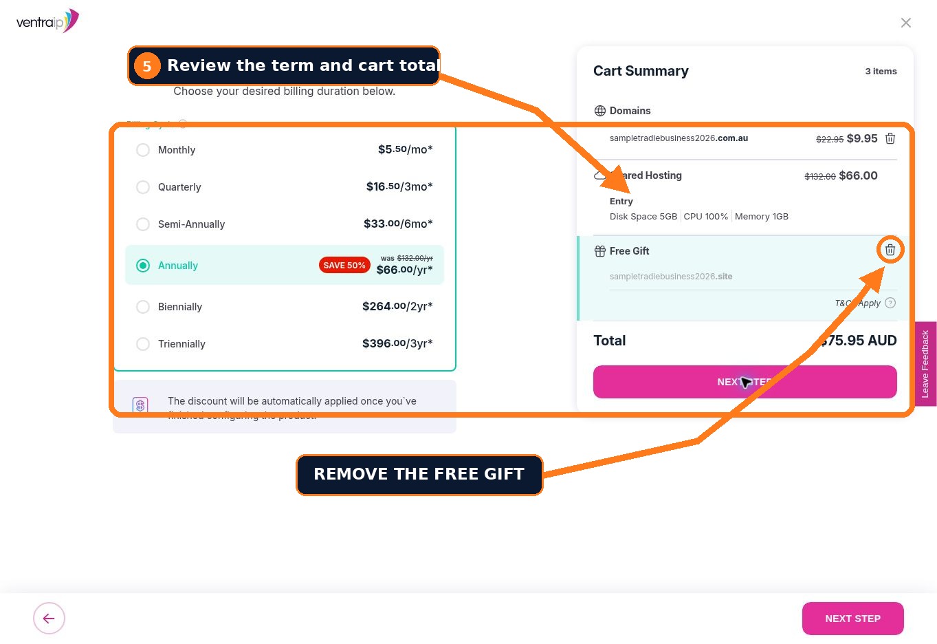 VentraIP billing term selection and cart summary
